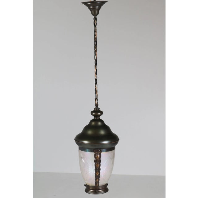 Brown Art Nouveau Dutch Brass & Glass Pendant Lamp, 1900s For Sale - Image 8 of 14