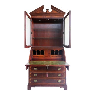 Late 20th Century George III or Hepplewhite Style Mahogany Secretary Bookcase With Arch Pediment For Sale