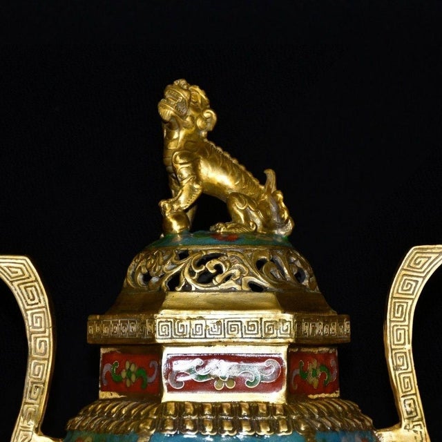 Vintage Cloisonne Enamel Incense Burner – 11.8" Gilt Lion Censer With Hexagonal Body For Sale In Los Angeles - Image 6 of 9