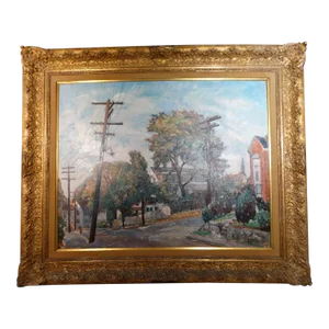 Circa 1940s J. Barry Greene New England Town Street Scene Painting, Framed