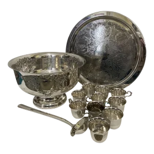 Vintage Silverplate Punch Bowl Monogram & Tray & Cup Set- 13 Pieces