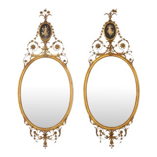 Adam Style Giltwood Oval Mirrors, Pair For Sale