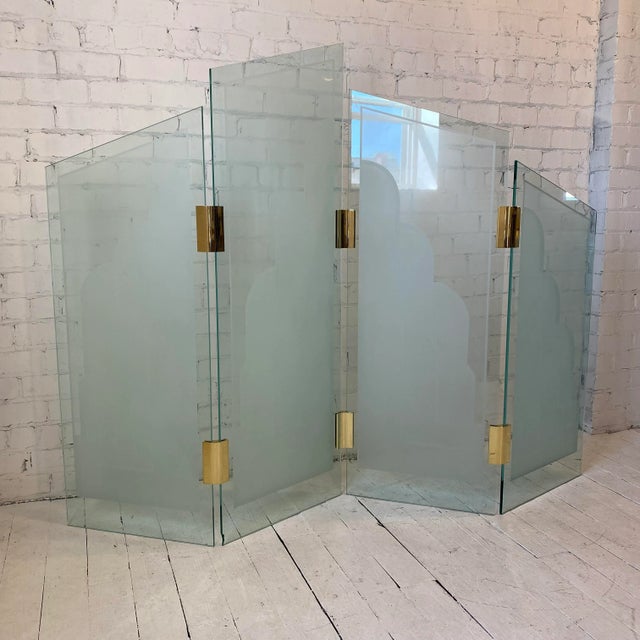 1970s Art Deco Style Glass Divider Sandblasted Glass With Brass Hardware For Sale - Image 4 of 9