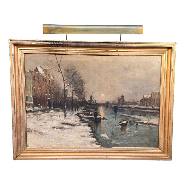 Dutch Artist, Frozen River Scene, 1900, Oil Painting, Framed For Sale