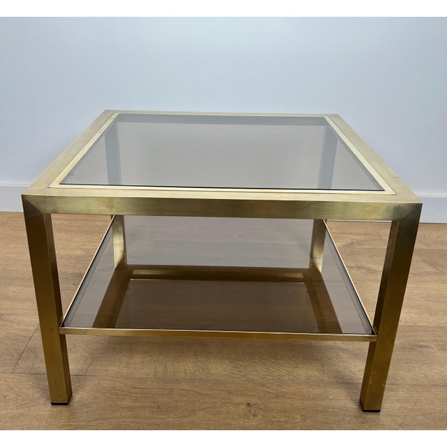 Brass 1970s Pair of large brass side tables with smoked glass For Sale - Image 8 of 12