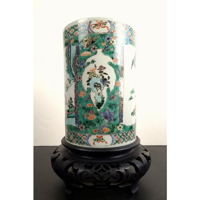 Chinese porcelain Wucai Qilin tongping, a finely formed, sleeve shape, vase with a five colors (Wucai), glazed exterior...