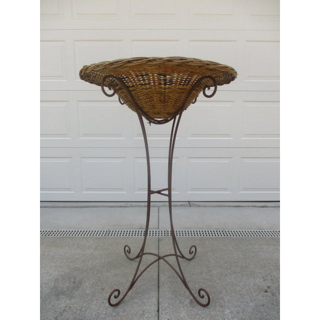 Tall Vintage Wrought Iron Metal and Wicker Rattan Plant Stand or Jardiniere For Sale - Image 13 of 13