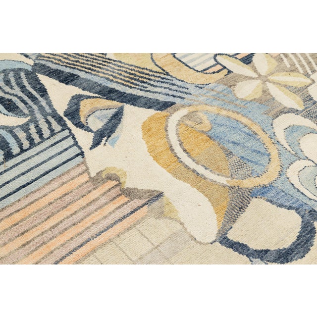 Art Deco Inspired Modern Portrait Rug – 5x9 Hand-Knotted Wool in Blue and Gold For Sale - Image 9 of 9