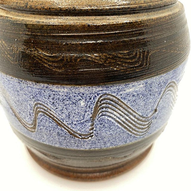 Blue Mid Century Ceramic Vessel Vase or Carafe in Blue and Brown - Signed For Sale - Image 8 of 9