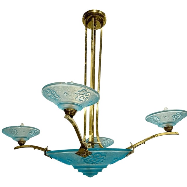 Vintage Chandelier Light Swedish Art Deco Style Plated Brass & Aqua Blue Frosted For Sale