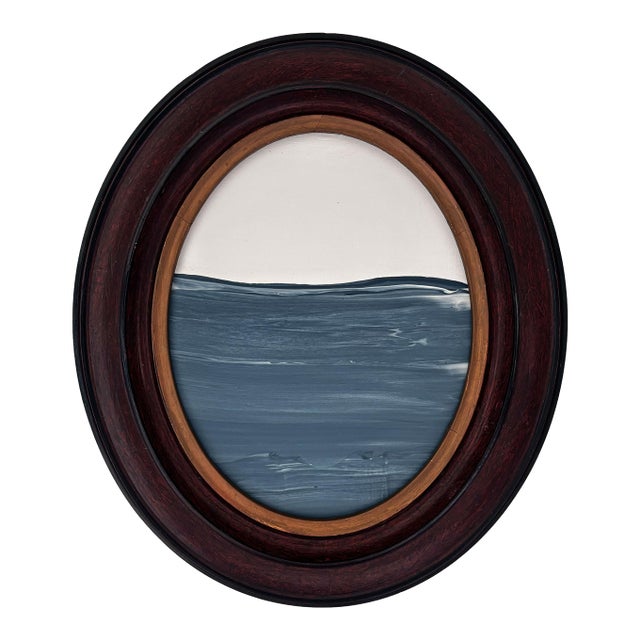 "Porthole" Abstract Art in Oval Antique Frame, Small Seascape Painting Transitional Wall Art by JTS For Sale