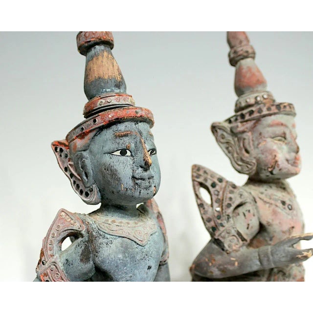 Wood Antique Teppanom / Guardian Thai Angels, Carved Wood Statues or Figures - A Pair 18" For Sale - Image 7 of 10