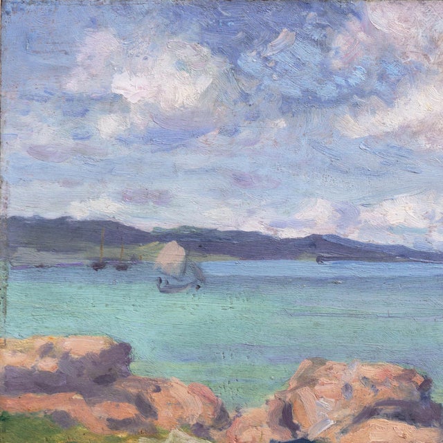 Wood 'Coastal Fishing', Mid-Century Modern Oil, Island Landscape, Cerulean Blue, Circa 1945 For Sale - Image 7 of 9