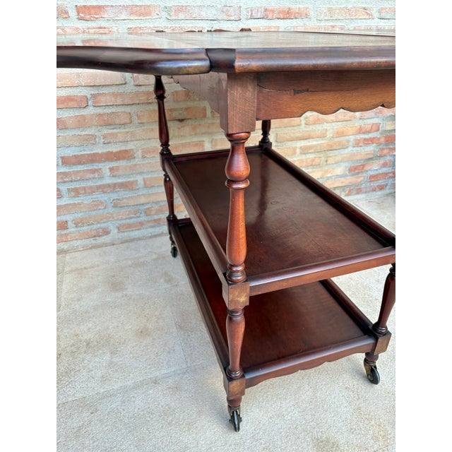 Brown 1960s Spanish Wooden Bar Cart With Folding Leaves and Three Tiers For Sale - Image 8 of 9