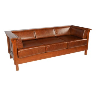 Craftsman Cubic Panel Side Sofa - Chestnut Brown Leather For Sale