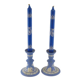 Wedgwood Neoclassical Cream on Lavender Blue Jasperware Candlesticks With Candles- a Pair For Sale