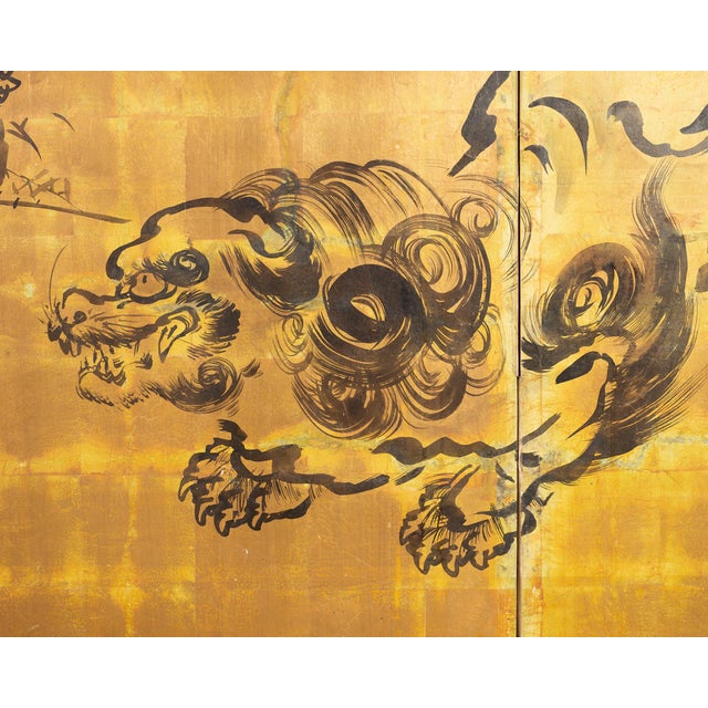 Mid 20th Century Japanese Showa Four Panel Screen Pair of Karashishi Foo Dogs For Sale - Image 10 of 18