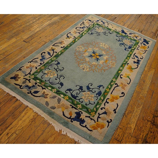 Art Deco 1920s Sky Blue Floral Medallion Antique Chinese Art Deco Rug 3'7" X 5'4" Handknotted Wool Carpet For Sale - Image 3 of 8