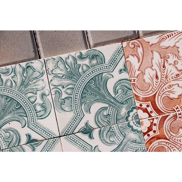 Art Deco Tiles Set of Eight Large Portuguese Green & Terracotta Ornamental Design c.1920s For Sale - Image 4 of 12