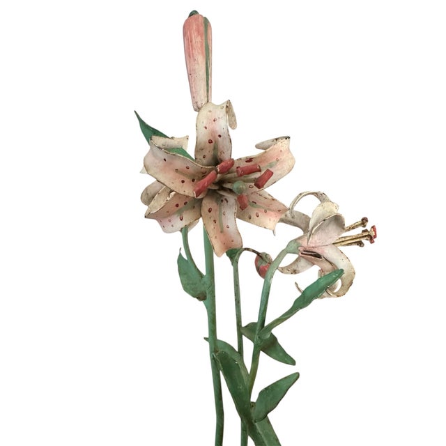Metal Vintage Italian Tole Peinte Potted Pink Lily / Lilies Floral / Flower Arrangement For Sale - Image 7 of 11