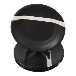 Late 20th French Fabienne Jouvin Black and White Stoneware Plates- Set of 4 For Sale