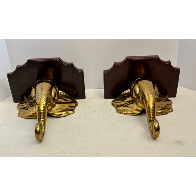 Mid 20th Century Mid 20th Century Pair Hollywood Regency Style Elephant Head Motif Brass Wall Brackets For Sale - Image 5 of 14