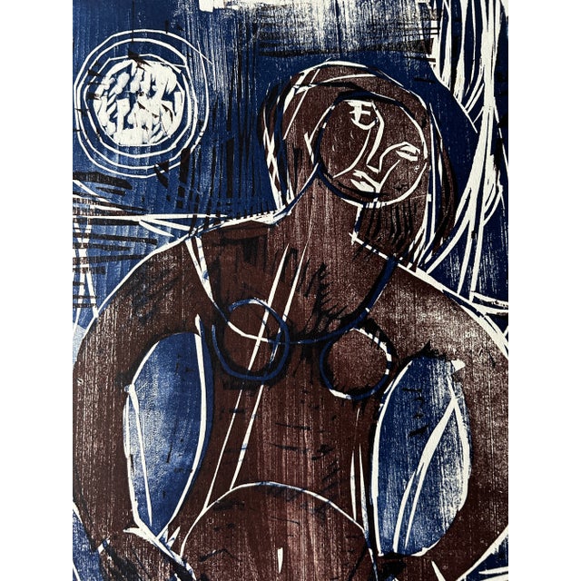 Figurative 1970’s Modernist German Woodblock Print - Signed - Maria Beine Hager - Woman in Moonlight For Sale - Image 3 of 7