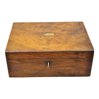Antique English Victorian Burl Walnut Small Lap Desk Box With Fitted Interior For Sale