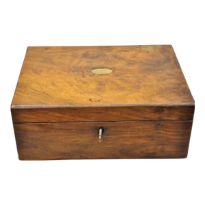 Antique English Victorian Burl Walnut Small Lap Desk Box With Fitted Interior