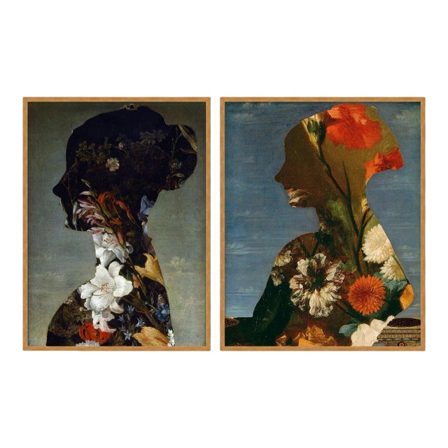 Floral Silhouette Diptych by Lara Fowler in Gold Frame, Small Art Print For Sale