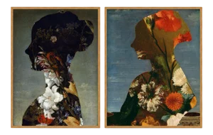 Floral Silhouette Diptych by Lara Fowler in Gold Frame, Small Art Print