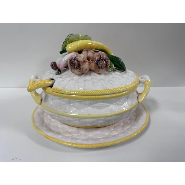 Antique Majolica Ceramic Soup Tureen With Vegetables With Underplate and Serving Spoon For Sale - Image 4 of 12