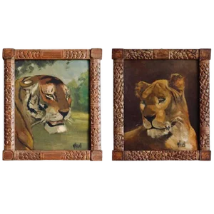 Tiger and Lion Art Deco Framed Paintings - a Pair