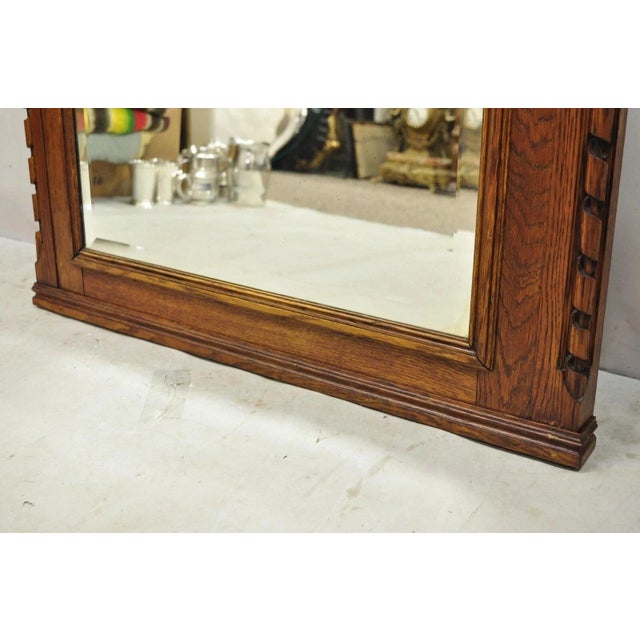 Wood Antique Victorian Carved Oak Wood Ribbon Crest Beveled Glass Wall Mirror For Sale - Image 7 of 10