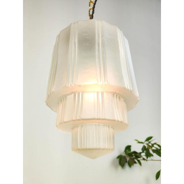 Metal French Art Deco Etched Skyscraper Pendant Light For Sale - Image 7 of 8