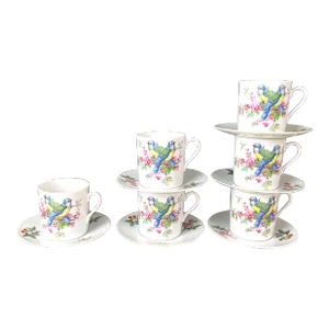 1980s Mottahedeh Aviary Pattern Flat Cups and Saucers Set- 12 Pieces
