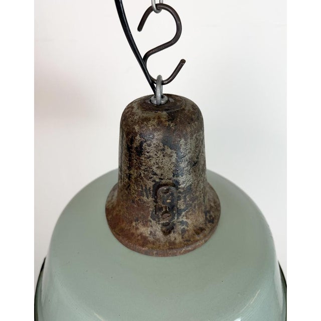 Paint Industrial Petrol Enamel Factory Lamp with Cast Iron Top, 1960s For Sale - Image 7 of 18