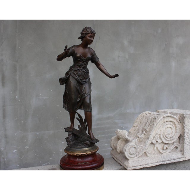 French Girl on Wood Base Statue by Rancoulet For Sale - Image 6 of 11