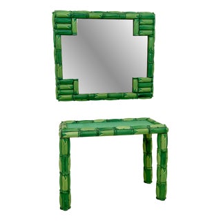 Mid-Century Modern Green Ceramic Console Table with Mirror, 1970, Set of 2 For Sale