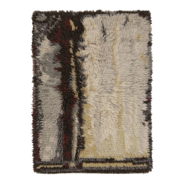 Vintage Swedish Rya Rug With Cream and Gray Geometric Design - Rug & Kilim For Sale