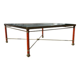 Mid 20th Century Hollywood Regency Neoclassical Brass & Faux Tortoise Bamboo Coffee Table With Glass Top For Sale