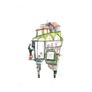 Melrose Green House - Abstract Architectural Watercolor Original Artwork by Maria C Bernhardsson For Sale