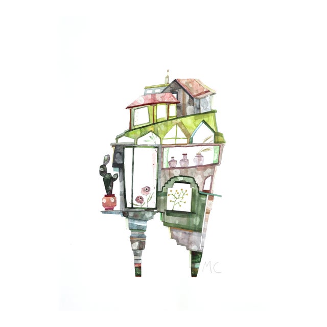 Melrose Green House - Abstract Architectural Watercolor Original Artwork by Maria C Bernhardsson For Sale