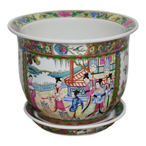1950s Chinese Export Rose Medallion Flowerpot Jardiniere Planter W/Drainage Underplate