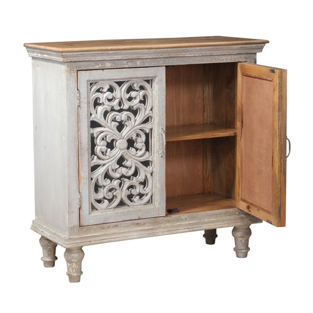 Boho Chic 1960s Carved Wood and Painted Teak Cabinet With Mirrored Back For Sale - Image 3 of 6