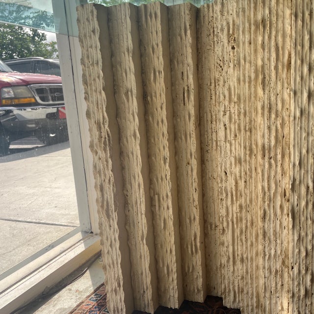 Glass 1970s Travertine Table Pedestals Base With Glass Top in the Style of Designer Carlo Scarpa For Sale - Image 7 of 12