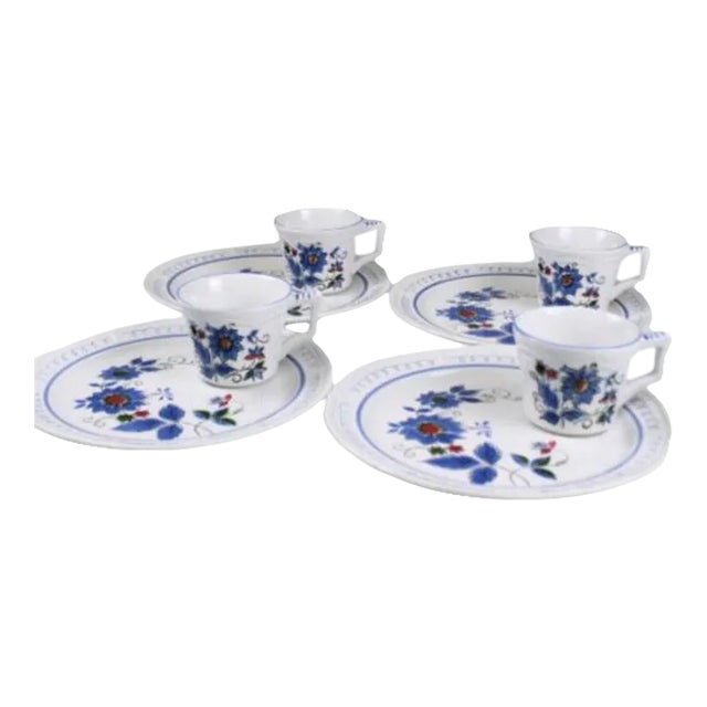 Vintage Jonas Roberts Granada Terra Stoneware Snack Plates & Cups 8 Pieces Girl Lunch Dish For Sale