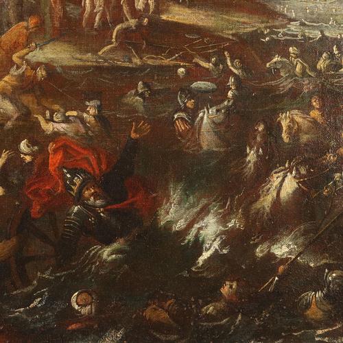 Brown Neapolitan School, attributed to Scipione Compagno, The Crossing of the Red Sea, 17th Century, Oil on Canvas, Framed For Sale - Image 8 of 12