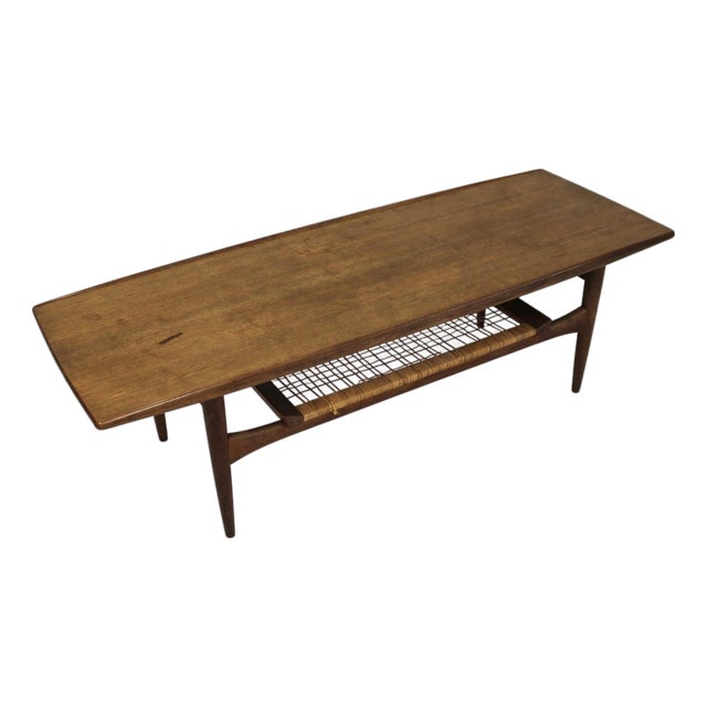Mid-Century Two Tiered Danish Teak and Wicker Coffee Table For Sale