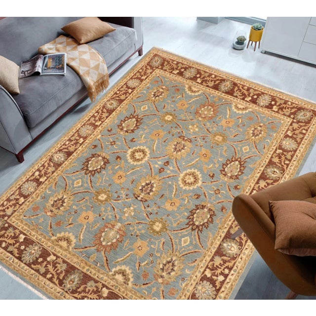 1990s Kafkaz Lt. Blue/Brown Hand-Knotted Rug - 8'2 X 9'11 For Sale - Image 4 of 10